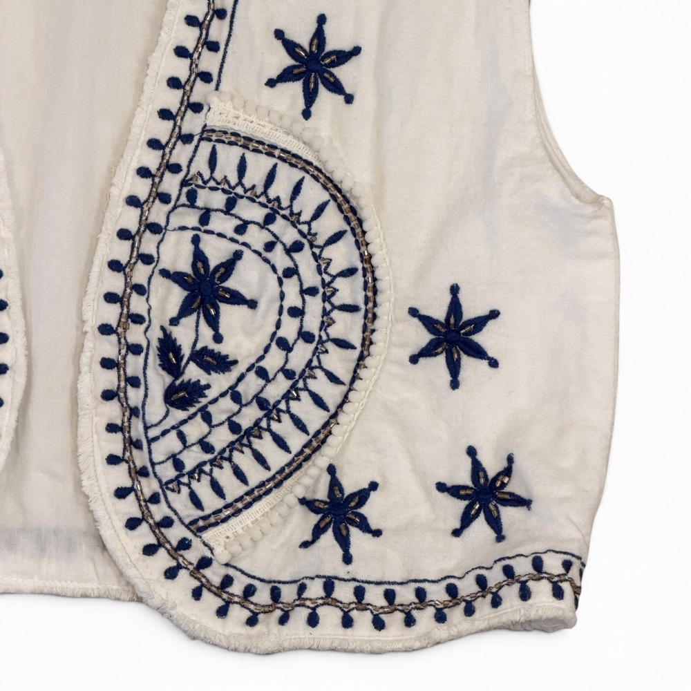 Mango MNG White Embroidered Beaded Boho Celestial Vest Cotton Navy Blue Large - Picture 2 of 8